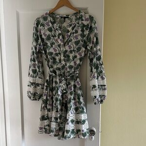 Maje White and Green Floral Long Sleeve Dress